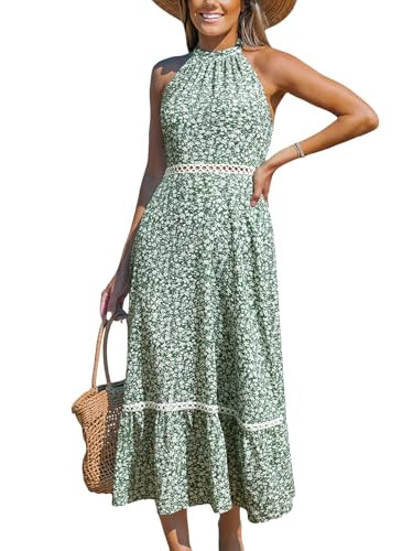 CUPSHE Women's Midi Dresses Halter Paisley Sleeveless Cutout Waist Long Beach Boho Summer Dress Green Floral, L | Amazon (US)