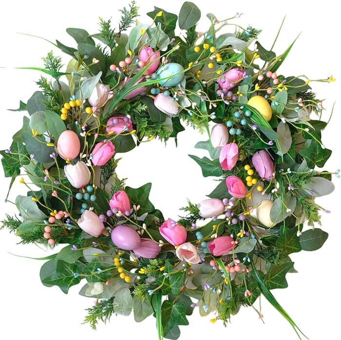 Bibelot 24 Inch Easter Wreath for Front Door, Tulip Easter Egg Wreath with Colorful Berries, Spri... | Amazon (US)