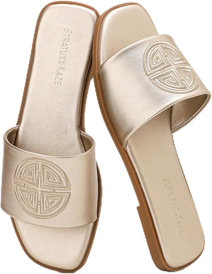 Stratuxx Kaze Womens Flat Sandals Dressy Summer Slide with Memory Foam Comfortable Cute Leather B... | Amazon (US)