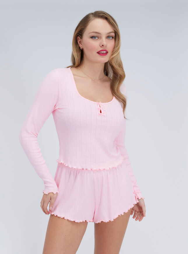 Ribbed bow trim short pyjama set - Pink | Boux Avenue (UK)