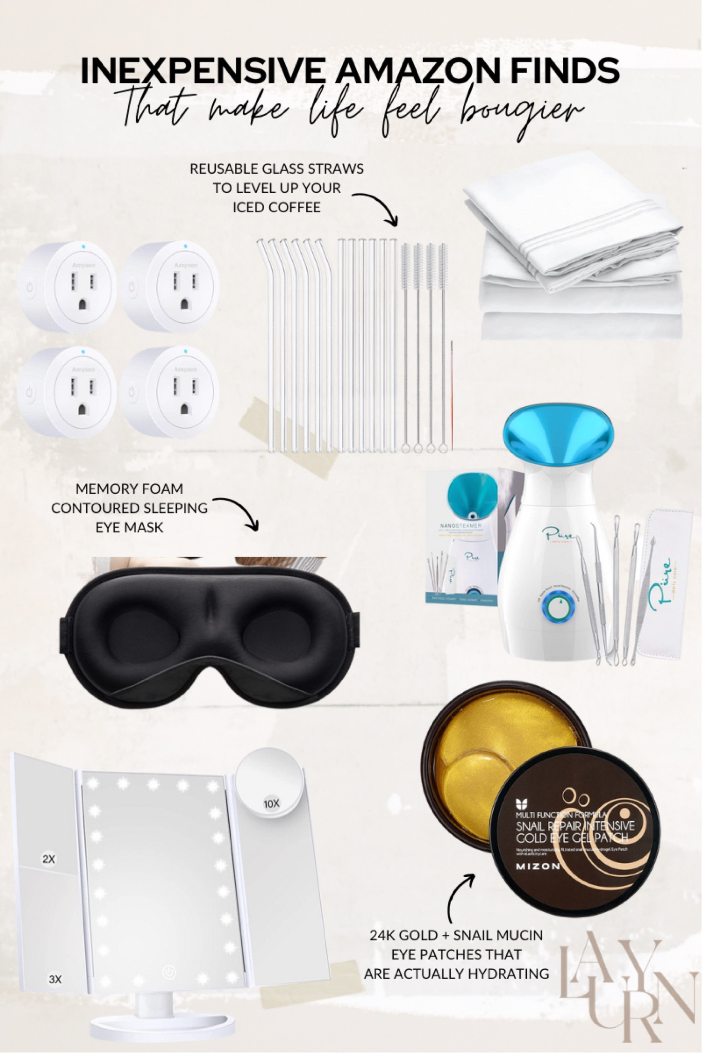 Inexpensive amazon finds that make life feel bougier - eye patches, glass straws, sheets, eye mask, led mirror, smart plugs 