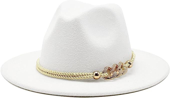Gossifan Lady Fashion Wide Brim Felt Fedora Panama Hat with Ring Belt | Amazon (US)