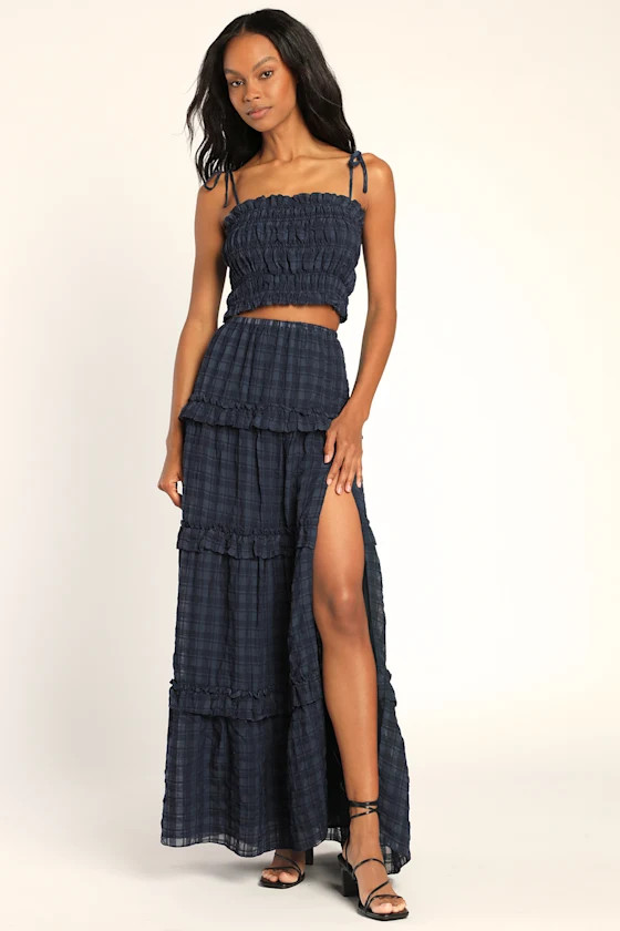 Summer Sophisticate Navy Plaid Tie-Strap Two-Piece Maxi Dress | Lulus