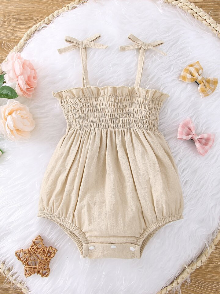 Baby Shirred Frill Trim Bow Shoulder Cami Bodysuit | SHEIN