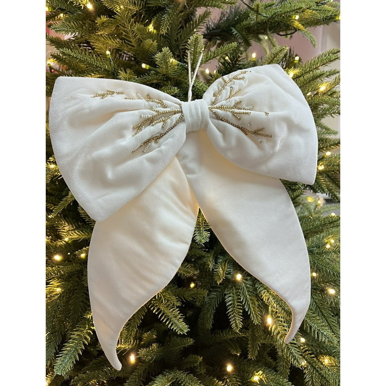 White Velvet Beaded Decorative Christmas Bow, 13", by My Texas House | Walmart (US)