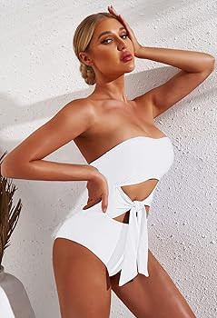 Viottiset Women's Bandeau One Piece Swimsuit Strapless Tie High Cut Out Bathing Suit | Amazon (US)