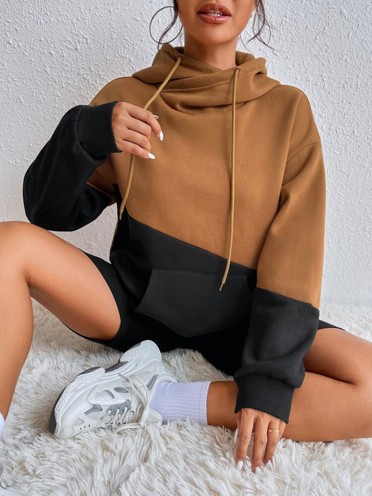 Colorblock Kangaroo Pocket Drawstring Hoodie | SHEIN
