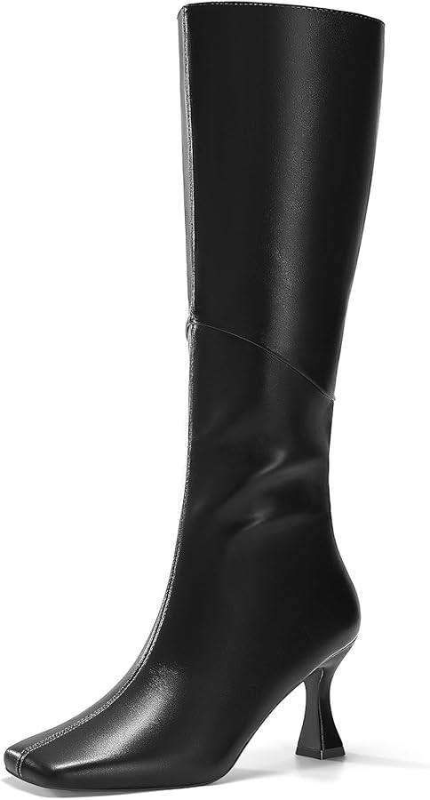 Coutgo Womens Kitten Heel Knee High Boots Wide Calf Square Toe Leather Boot Shoes with Zipper | Amazon (US)