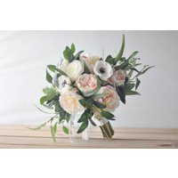 Peonies, Roses & Anemones Spring Silk Bridal Bouquet | Faux with Pink Champagne Flowers & Lush Eucal | Etsy (US)