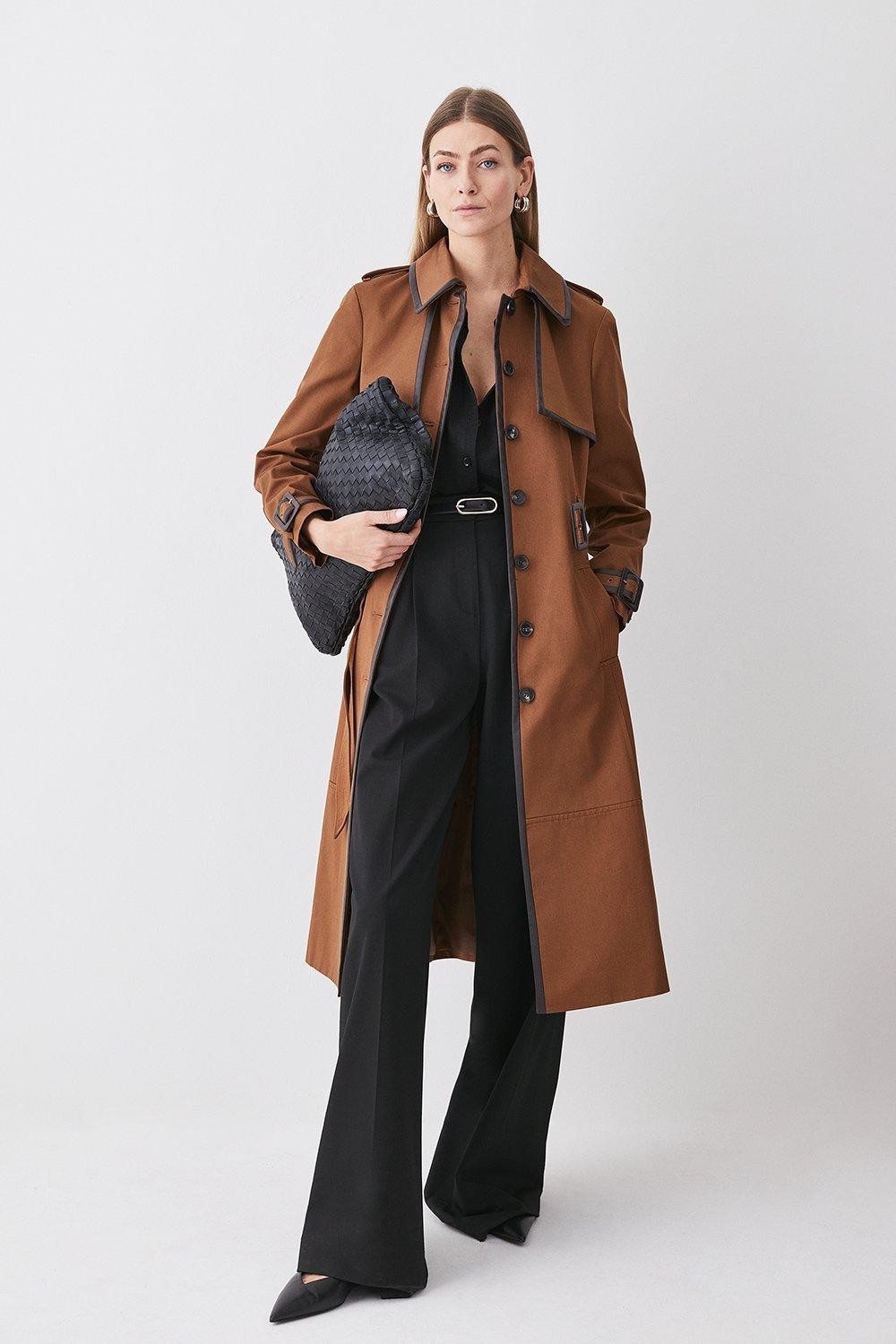 Cotton Pu Trim Belted Trench Coat | Karen Millen US