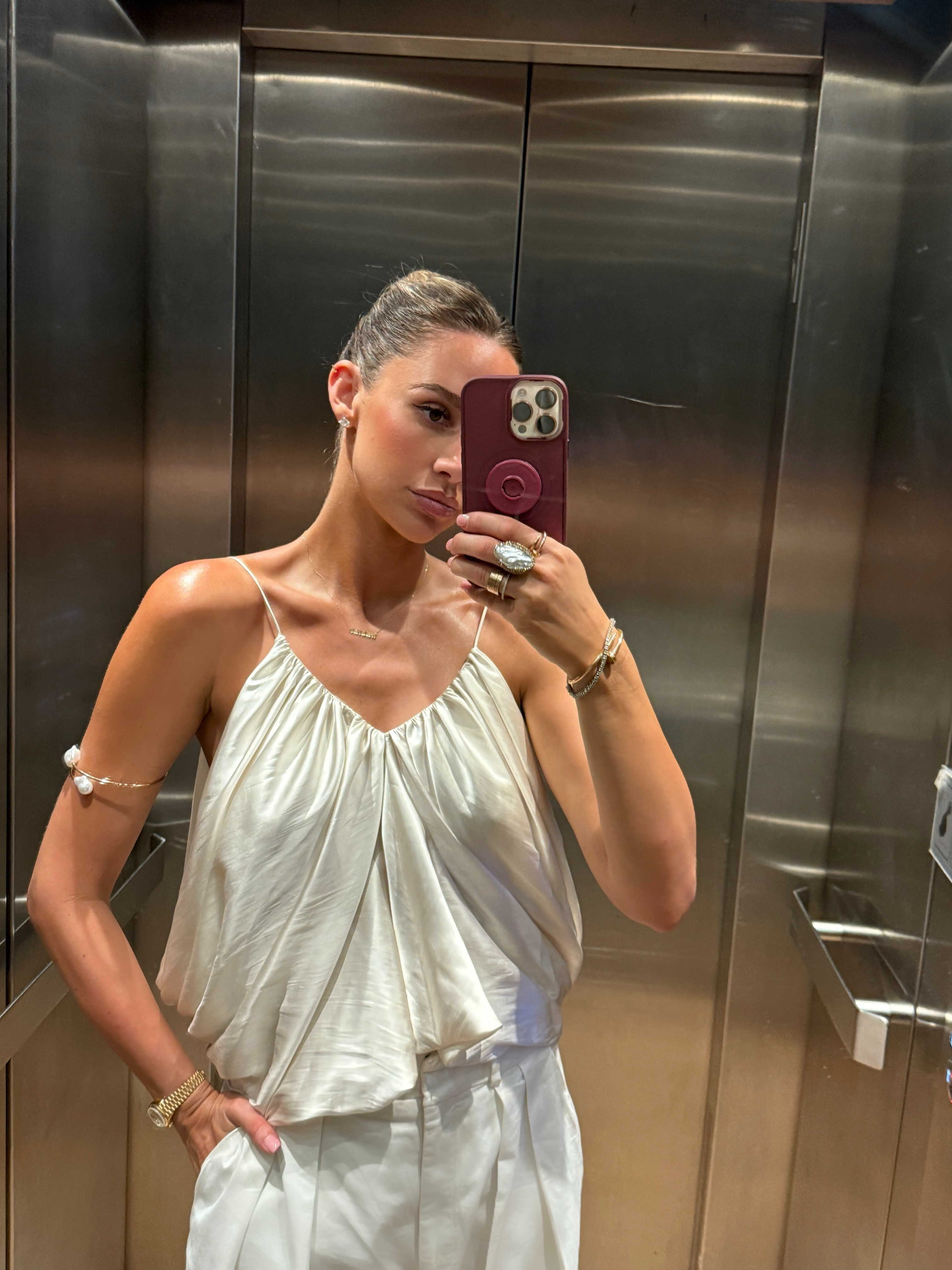 Outfit idea, summer, satin top, tailored trousers, all in white outfit, wrap around arm cuff 

 #LTKuk #LTKsummer #LTKeurope