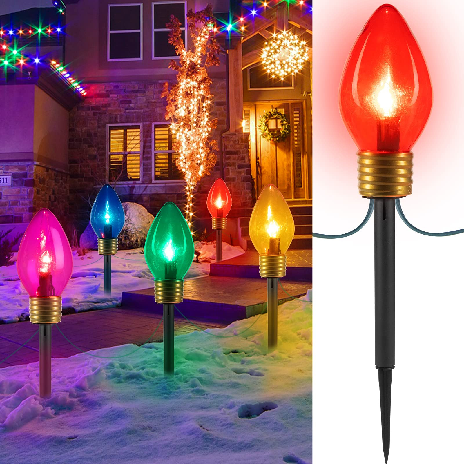 Jumbo C9 Christmas Lights Outdoor Decorations Lawn with Pathway Marker Stakes, 2 Pack 8.5 Feet C7 St | Amazon (US)