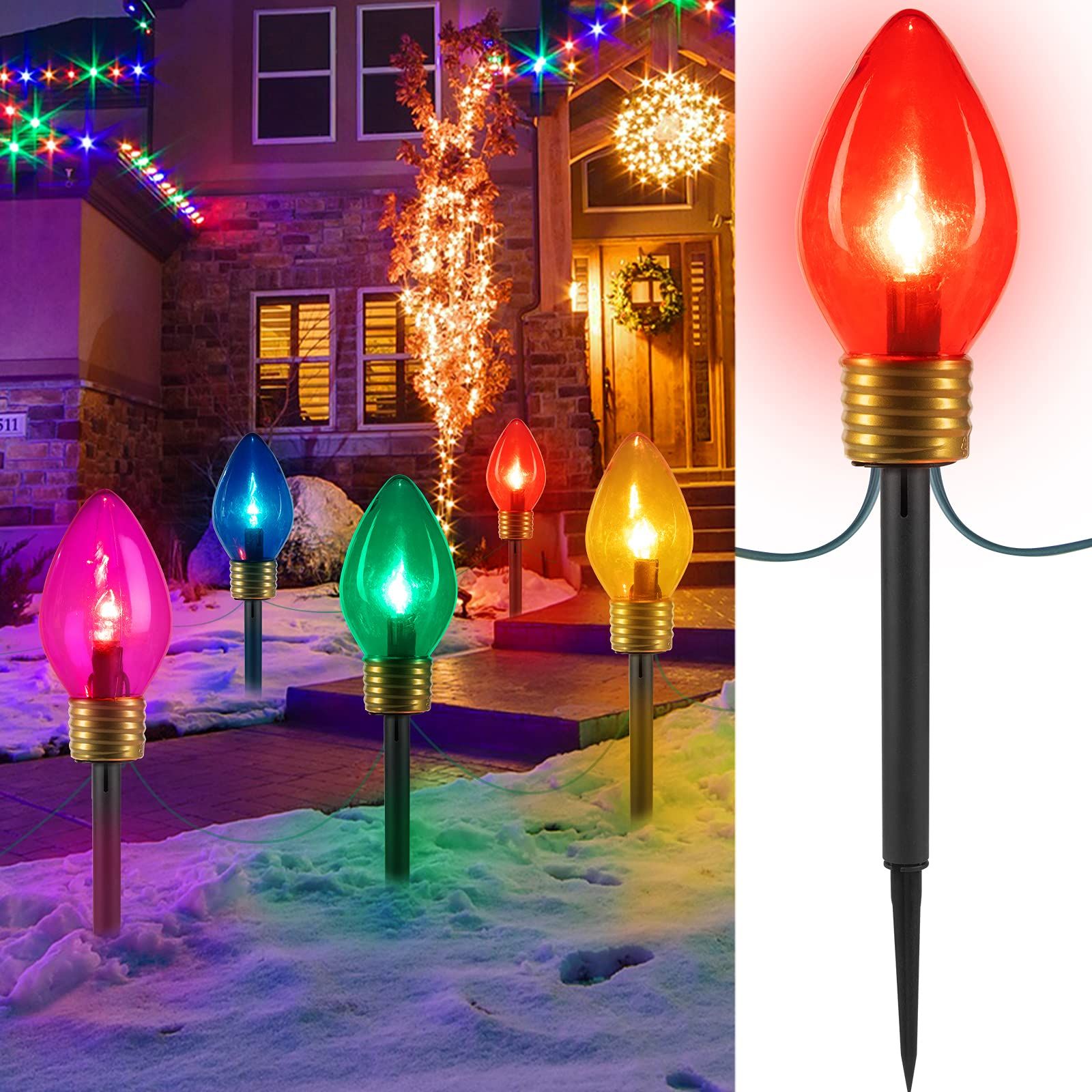 Jumbo C9 Christmas Lights Outdoor Decorations Lawn with Pathway Marker Stakes, 2 Pack 8.5 Feet C7 St | Amazon (US)
