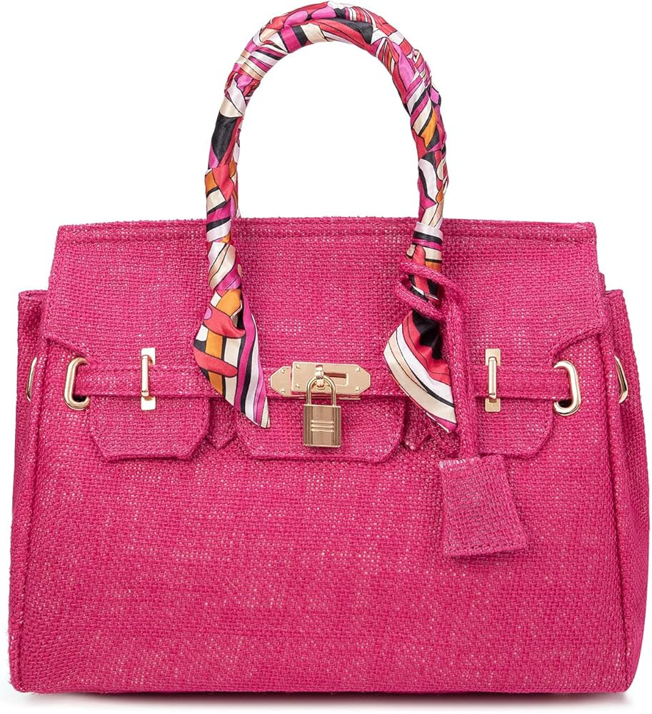 Sustainable Woven Jute Tote Bag for Women - Spacious & Chic Handbag for Beach with Scarf Accents | Amazon (US)