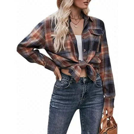 Women s Fashion Shirt Casual lplaid Button Long Sleeve Sexy Shirt | Walmart (US)