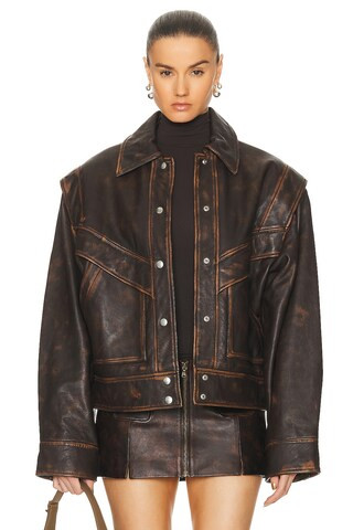 GRLFRND Jayden Distressed Leather Jacket in Dark Brown | FWRD | FWRD 