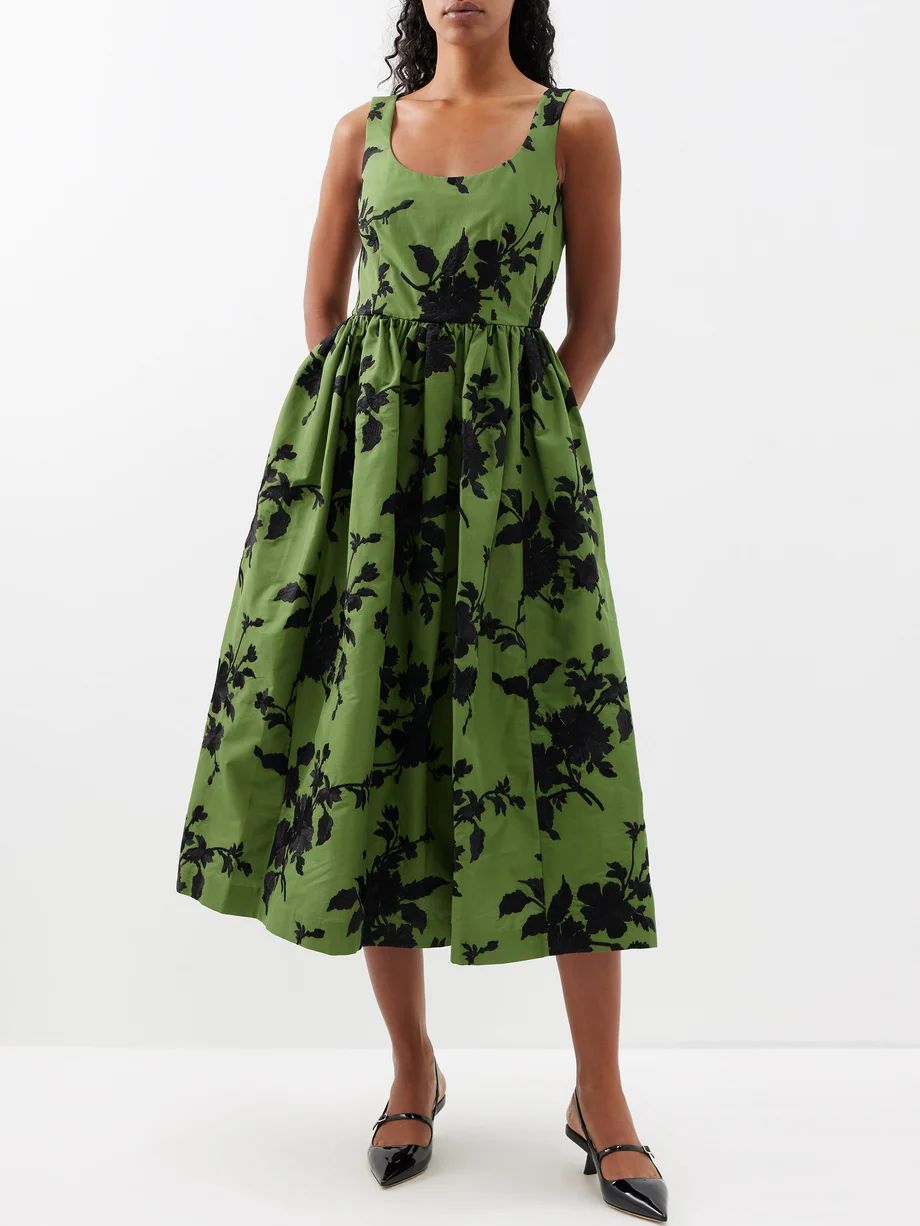 Floral-embroidered cotton-faille midi dress | Matches (US)