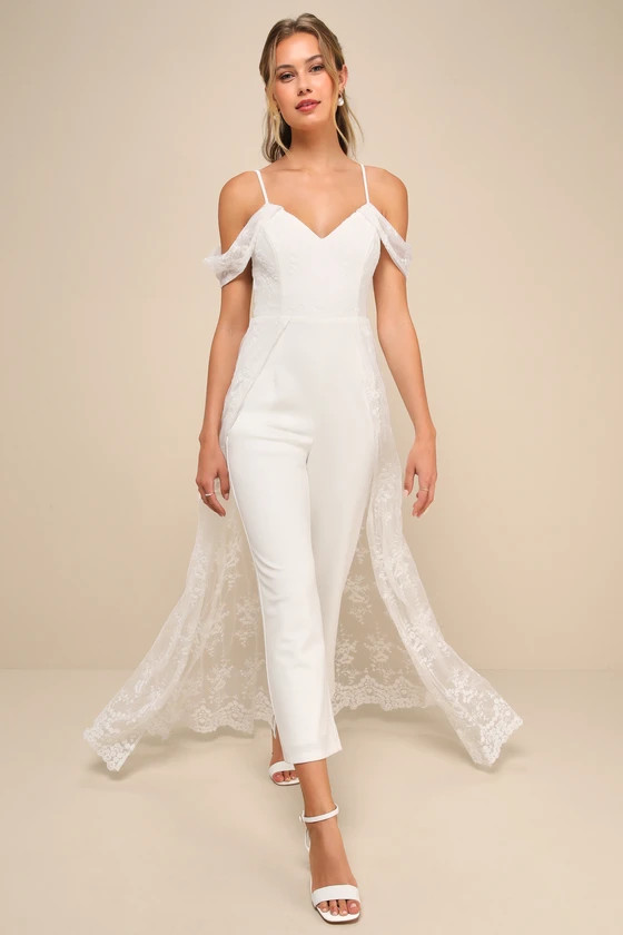 Modern Luxury White Mesh Floral Embroidered Cape Jumpsuit | Lulus