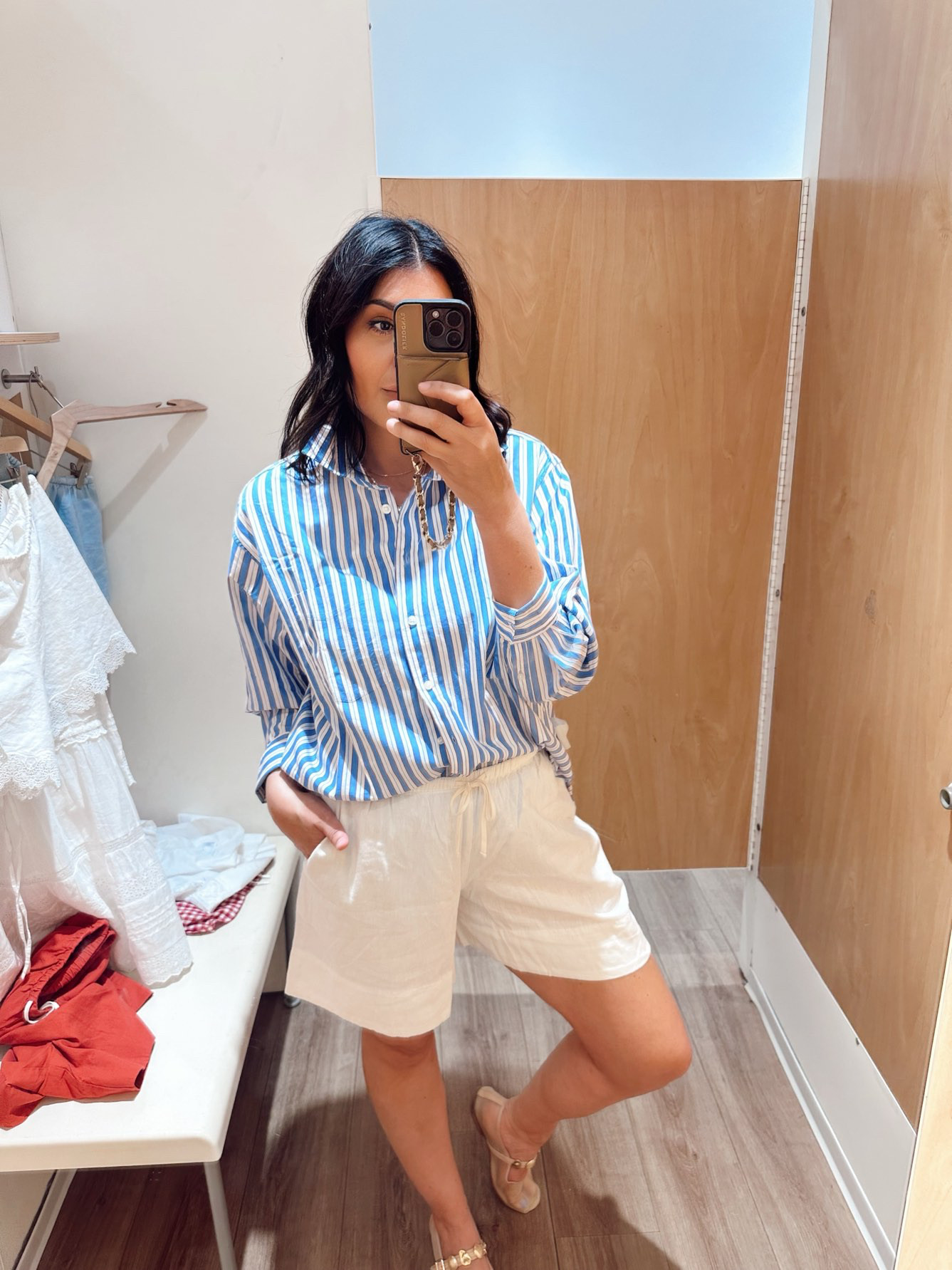 I always love the Big Poplin shirts at Gap – this one is blue and red and white. It’s a very summery color combo I’ve been wearing lately. Anyways it runs very big, i’m in the medium. 

I loved these shorts, they’re a linen drawstring short and very relaxed / very long. But they do run very generously / big. This is the large but I tried the medium and they fit much better. Non-sheer as best I could tell, too! 

 