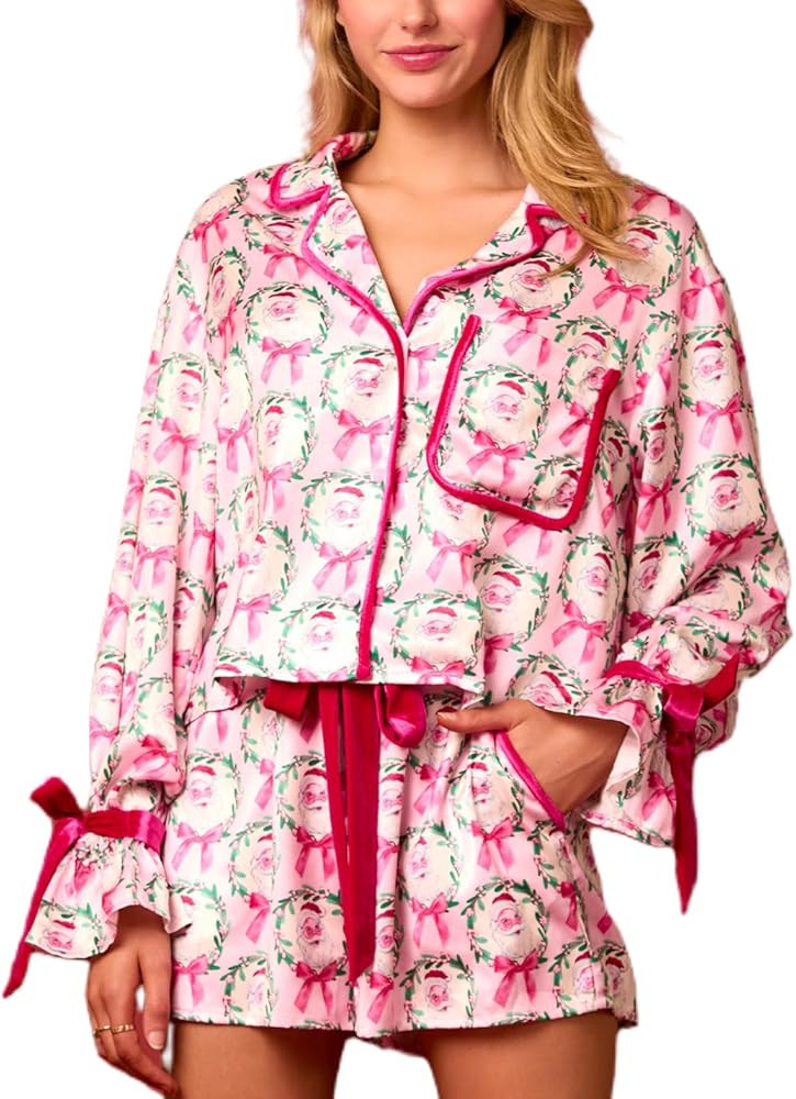 Women Christmas 2 Piece Pajamas Set Bow Tie Button Down Long Sleeve Shirts Ruffle Shorts Cute Pjs... | Amazon (US)