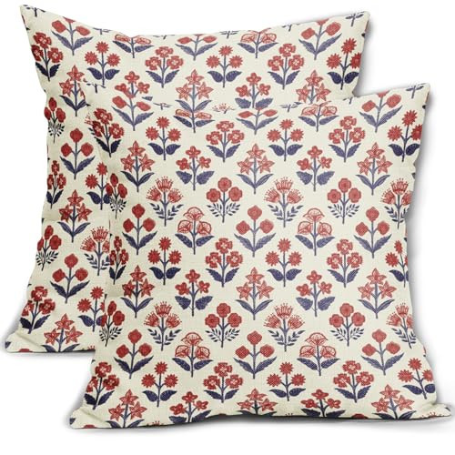 4th of July Patriotic Floral Block Print Pillow Covers 24x24 Inch Set of 2, Navy Blue Red Vintage Flower Decorative Throw Pillowcases Outdoor Memorial Day Cushion Covers Holiday Sofa Couch Bed Decor | Amazon (US)