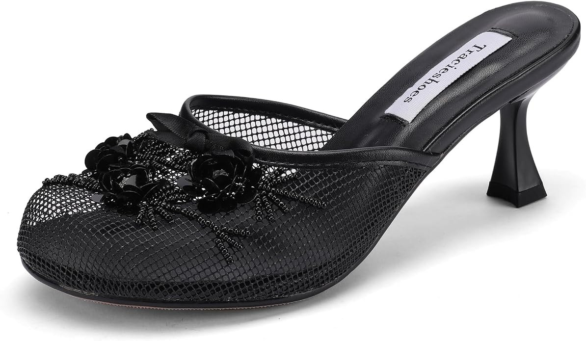 Women's Mesh Mule Slip On Sandals With Floral Sequin Embellishments Round Toe Middle Heel Slides ... | Amazon (US)