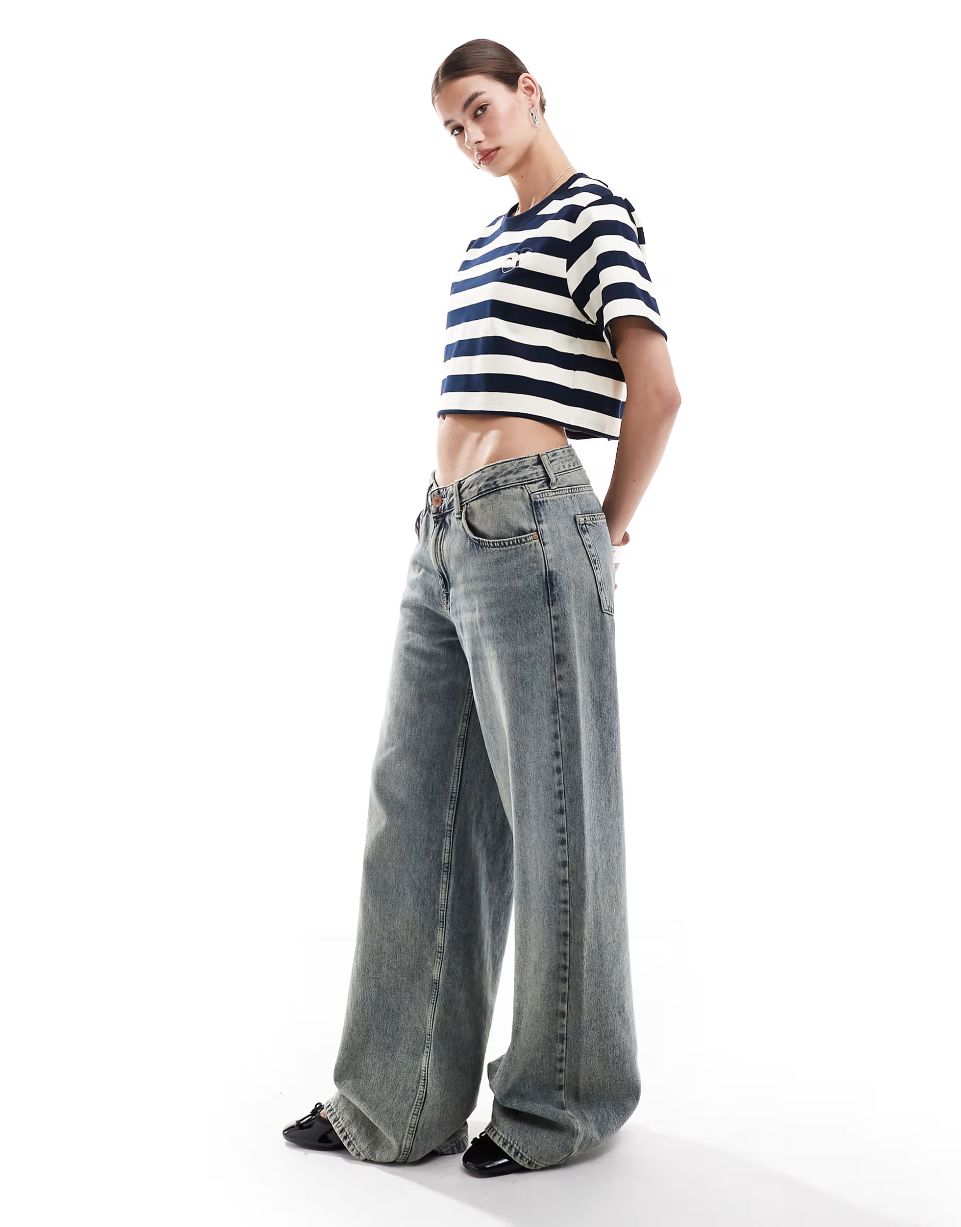 Urban Revivo cropped nautical tshirt in navy and white | ASOS (Global)