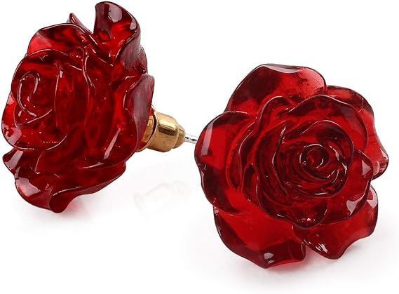 925 Sterling Silver Earrings Rose Flower, Pretty Blooming Carved Red Rose Dangle Earrings Tiny Re... | Amazon (US)
