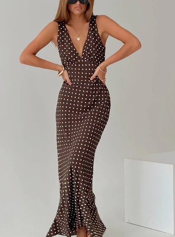 Nellie Maxi Dress Brown Polka Dot | Princess Polly US