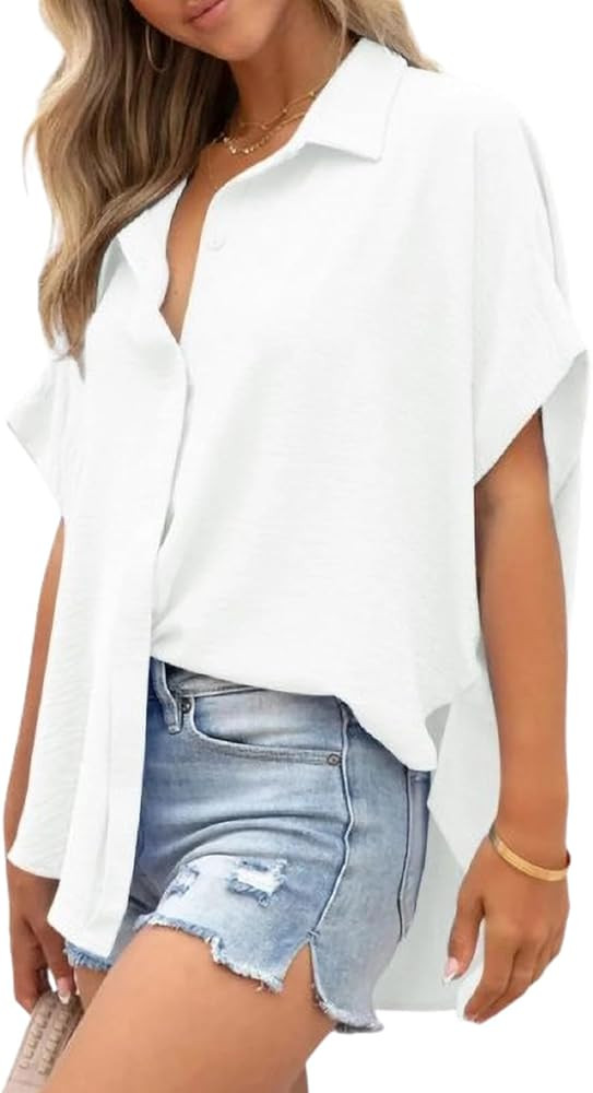 Womens Batwing Sleeve Blouse Lapel Collar Button Down Side Slit Shirts Casual Summer Turndown Col... | Amazon (US)