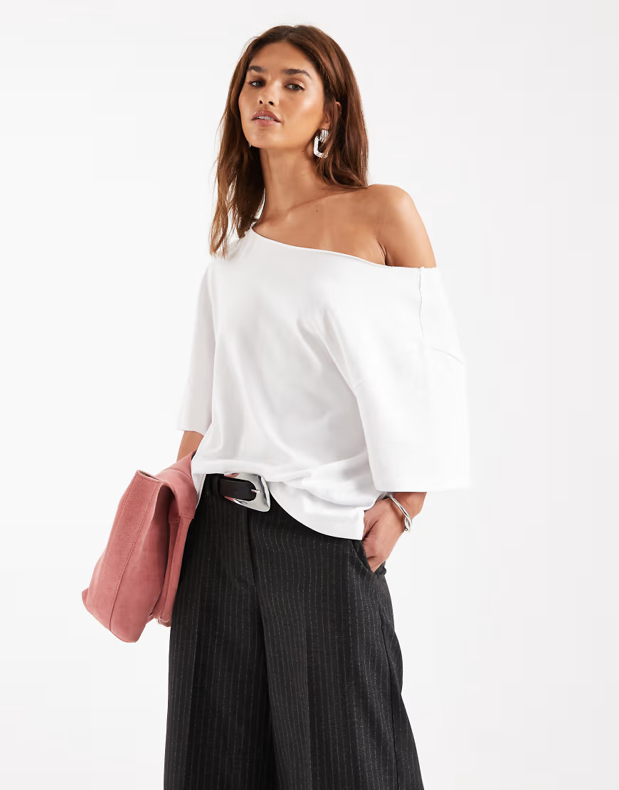 ASOS DESIGN slouchy off shoulder oversized tee in white | ASOS (Global)