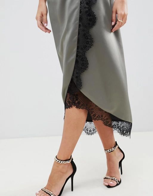 ASOS DESIGN satin wrap midi skirt with lace trim | ASOS US