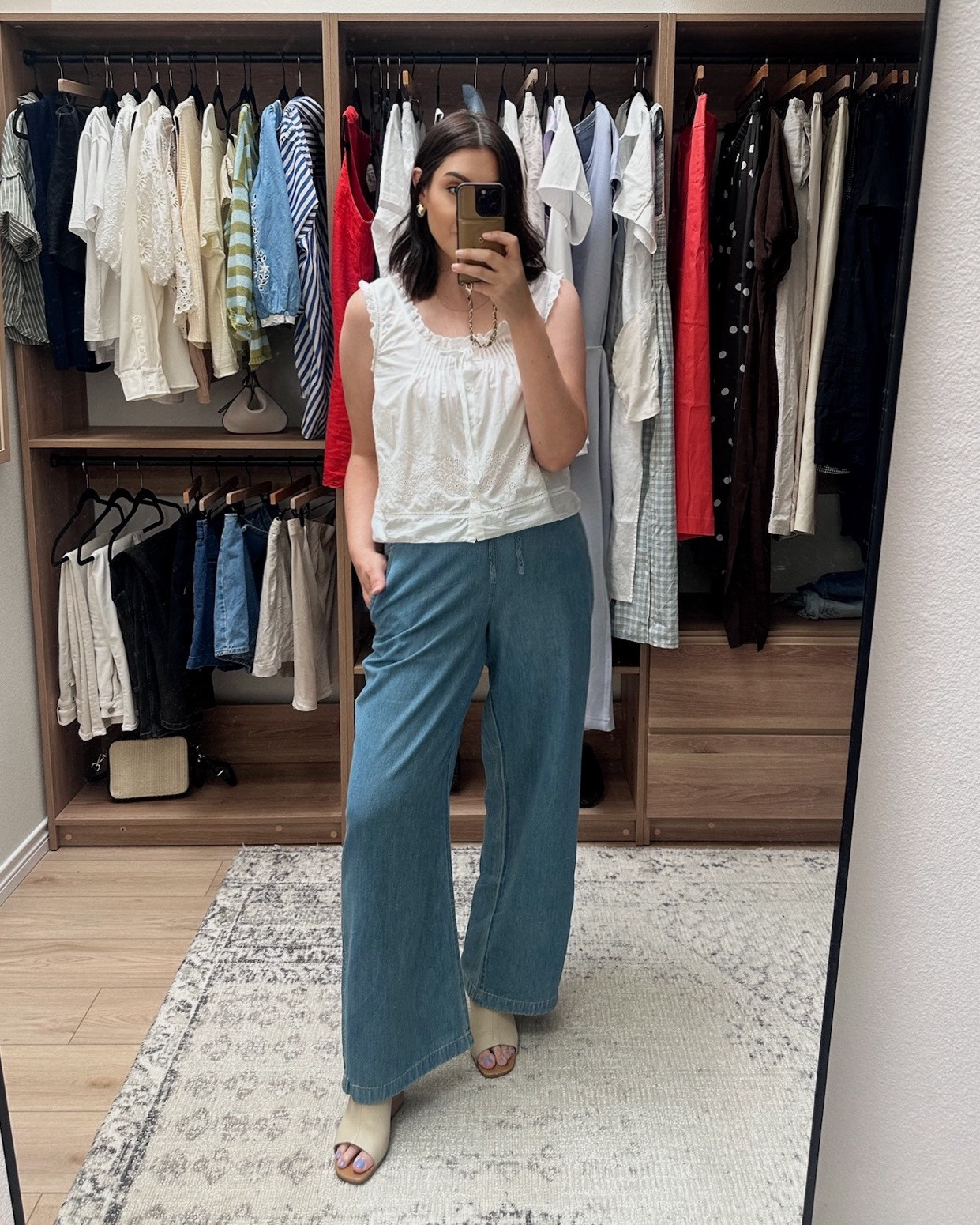 Save 20% with the @Madewell x LTK sale! I was excited about these jeans! I’m so so so glad they fit because sometimes drawstring pants can be touch or go for me. I went with the large, regular length and I love the fit / length. They are a touch generous at the waist, but overall I like this fit for me. I wanted a relaxed, loose fit and a size up was perfect. Fabric is more chambray than jean denim. 

I love this white tank – it has the sweetest little details, ruffles at the sleeves, eyelet design. I’m in the large and it fits me true to size. If you have bigger boobs , go up a size. This top is lightweight cotton but not sheer! Perfect for summer.  

 #LTKxMadewell