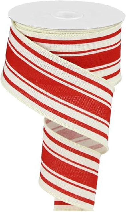 Farmhouse Stripe on Cotton Wired Edge Ribbon - 2.5 Inches x 10 Yards (Ivory, Farmhouse Red) | Amazon (US)
