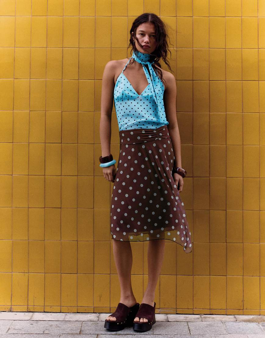 Bershka Asymmetric polka dot midi skirt in brown | ASOS (Global)