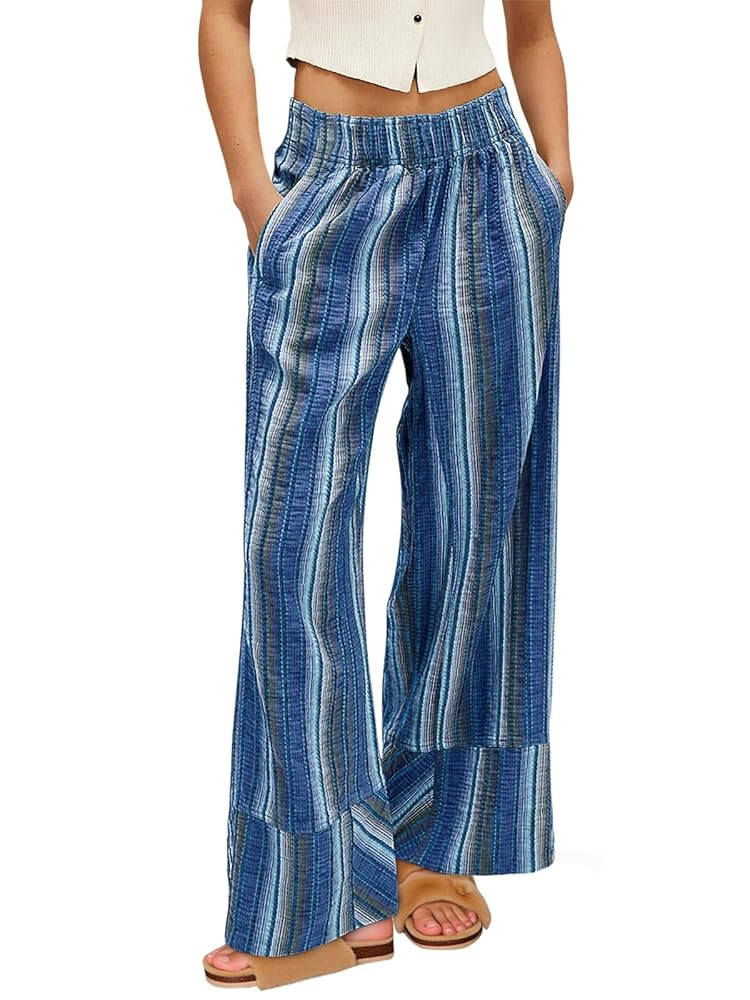 Cicy Bell Womens Wide Leg Lounge Pants Elastic High Waisted Striped Palazzo Pants Flowy Casual Be... | Amazon (US)