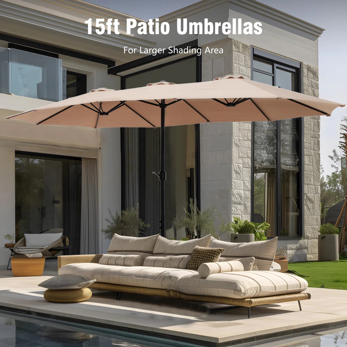 Nyasia 15 ft. x 9 ft. Rectangular Market Umbrella with Base, Beige | Wayfair North America