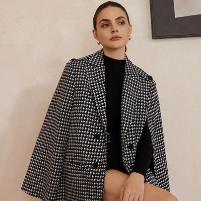 Classic Houndstooth Shoulder Epaulet Poncho-Style Blazer Jacket | SHEIN