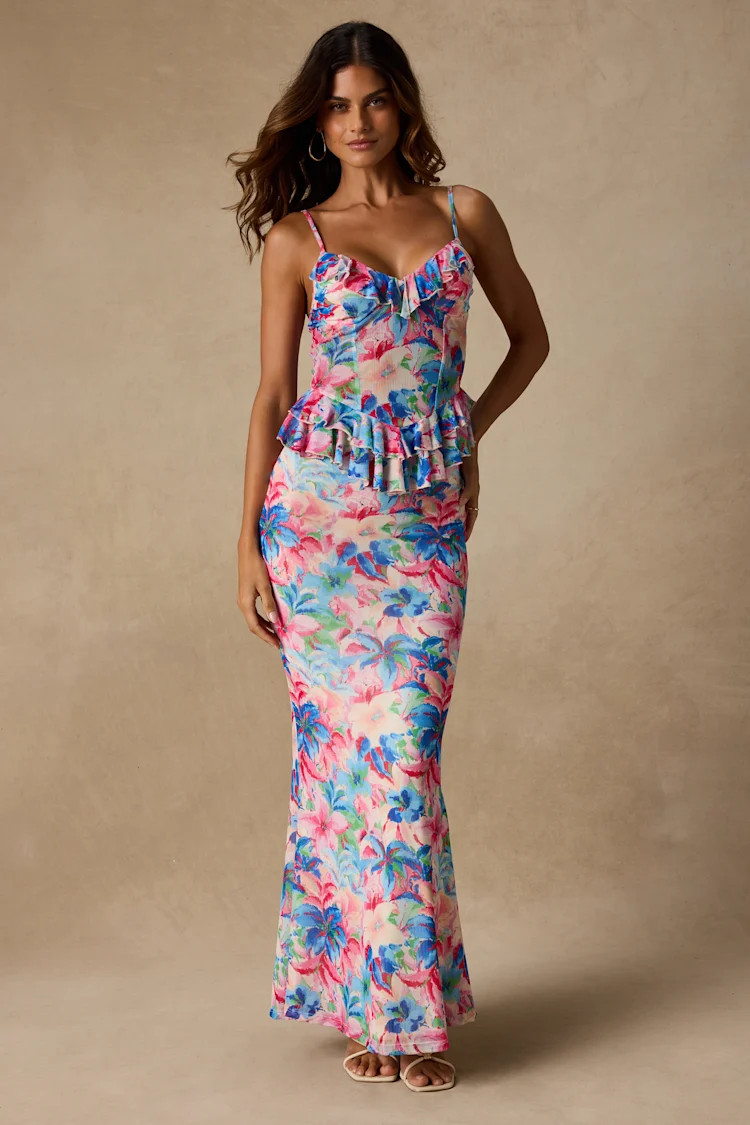 Romina Pink Multi Floral Mesh Maxi Skirt | Lulus