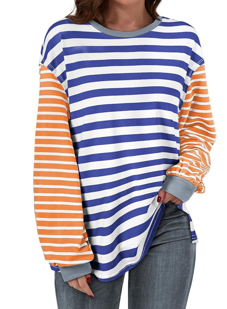 BLENCOT Women's Oversized Patchwork T Shirts Fall Long Sleeve Striped Color Block Loose Fit Pullo... | Amazon (US)