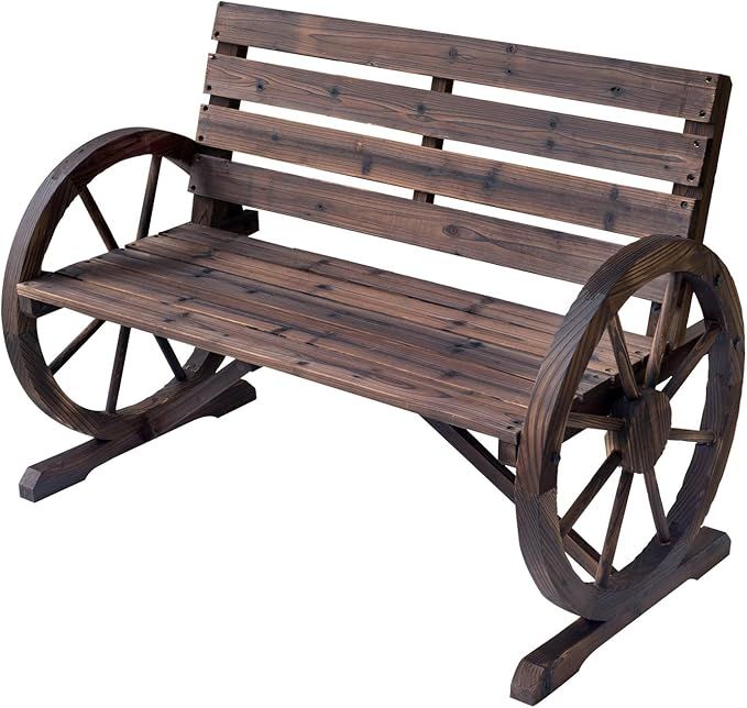Outsunny Wooden Wagon Wheel Bench Rustic Outdoor Patio Furniture, 2-Person Seat Bench with Backre... | Amazon (US)