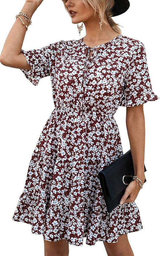KIRUNDO Women’s 2021 Summer Dress Ruffle Sleeve Tie Neck High Waist Floral Print Mini Dress A-L... | Amazon (US)
