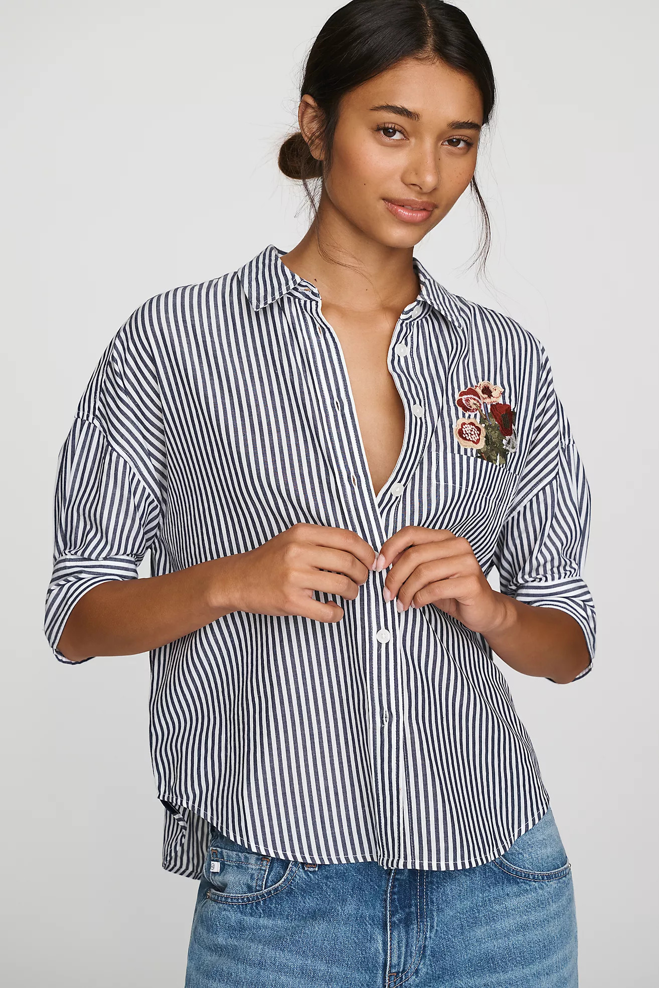 Mabel Boxy Oxford Embroidered Shirt Top | Anthropologie (US)