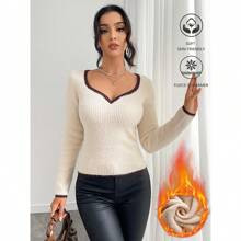 Women's Autumn/Winter Ribbed Sweetheart Neck Slim Fit Pullover Sweater | SHEIN