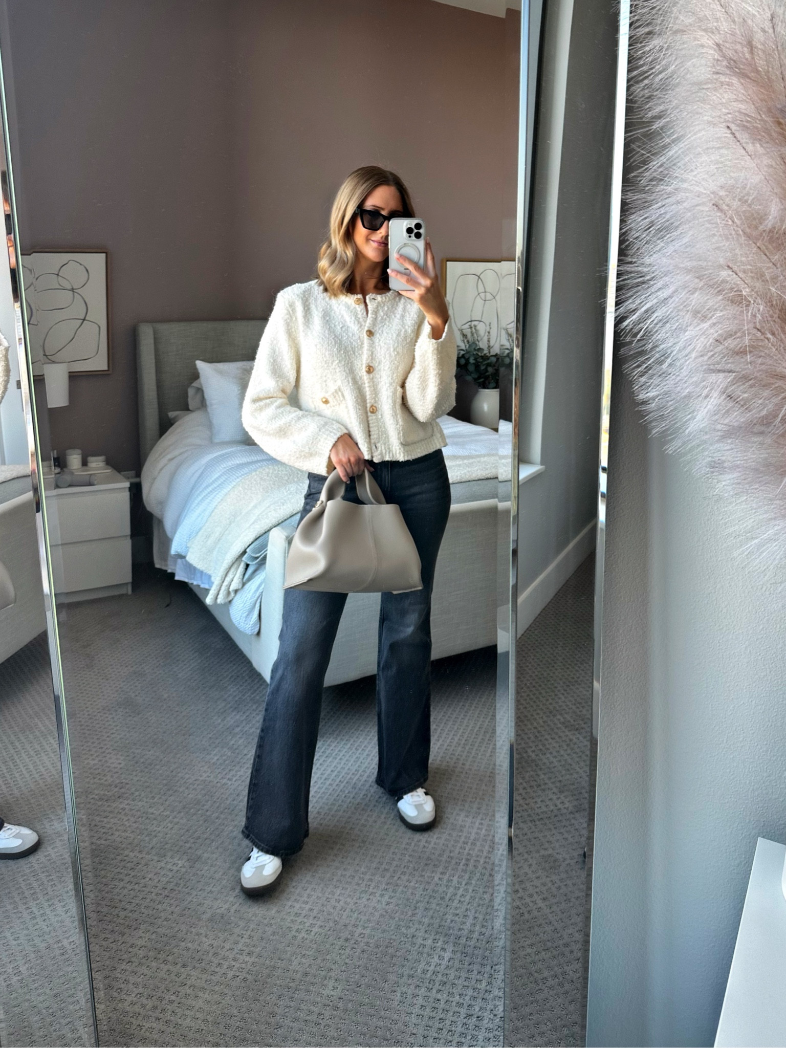 Today’s outfit for running errands! Boucle cardigan runs tts. Levi’s denim is pretty tts - I was between a 26x32 and a 27x32. I kept the 27x32 for a little more room 

#LTKfindsunder100 #LTKstyletip