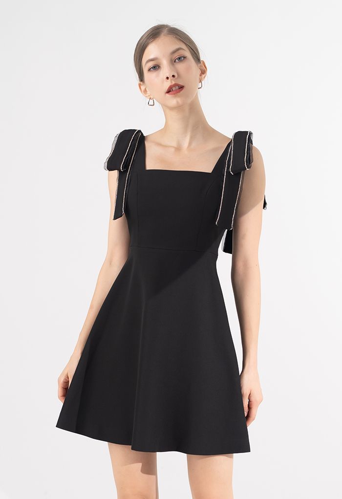 Bowknot Shoulder Crystal Edge Mini Dress in Black | Chicwish