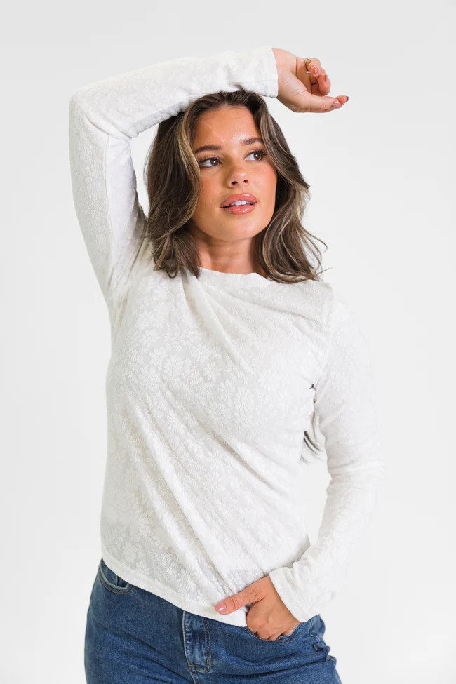 High Ambitions Ivory Floral Textured Knit Fitted Top | Pink Lily