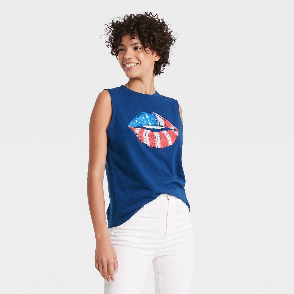 Women's Americana Lips Graphic Tank Top - BlueXL | Target