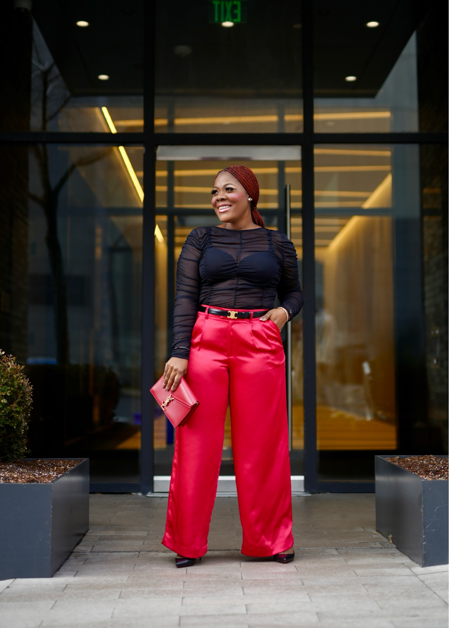 Date night outfit idea for Valentine’s Day. Red pants , black sheer top, Celine belt , YSL bag , red pants outfit , black and red outfit , holiday style , Valentine’s Day , feminine style , midsize style , curvy mom style 

#LTKSeasonal #LTKmidsize #LTKstyletip