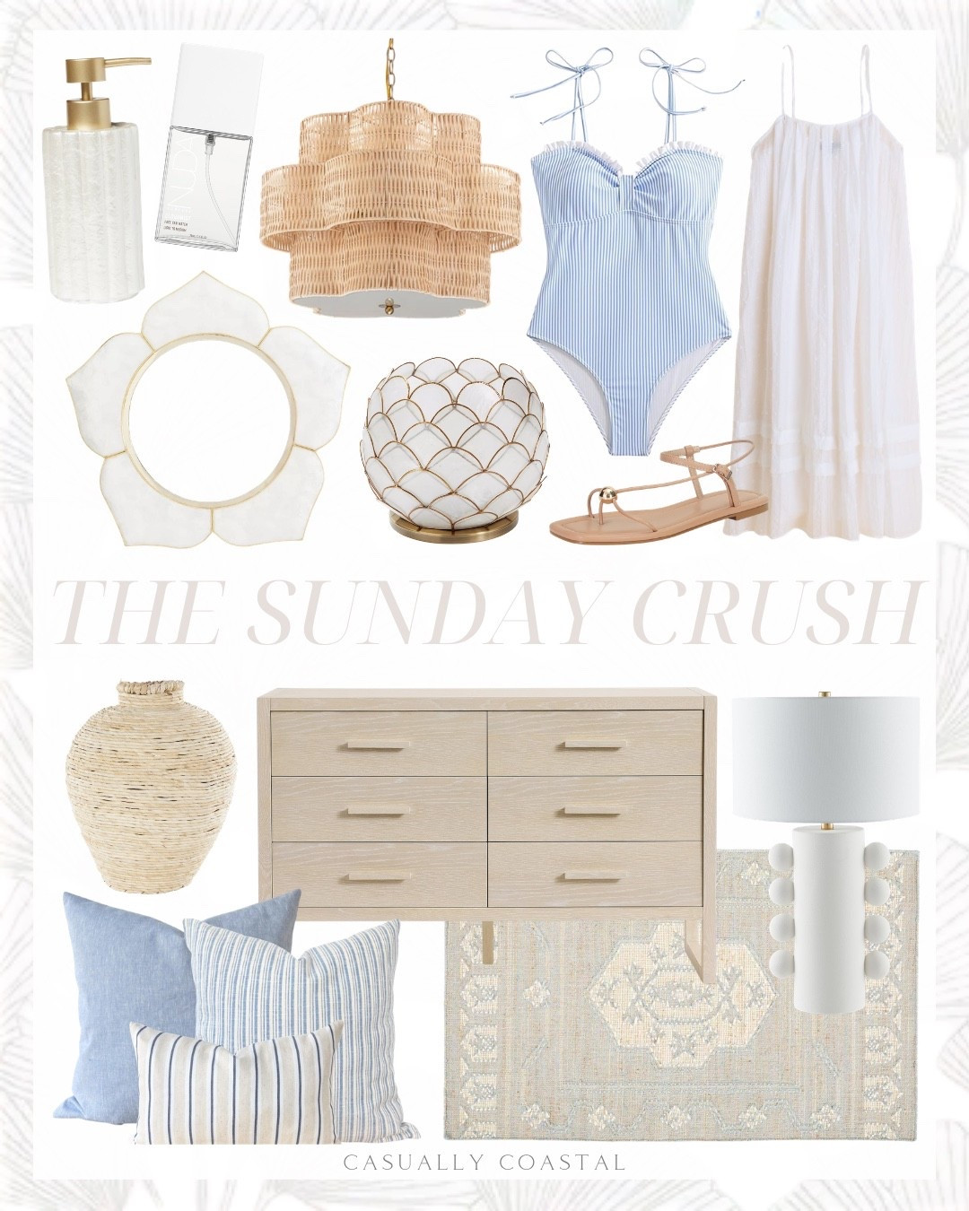 The Sunday Crush!

Coastal home decor, coastal style, coastal rug, coastal swimsuit, coastal pillows, coastal chandelier, coastal mirror, blue and white pillows, striped pillow cover set, 6 drawer dresser, coastal dresser, rattan chandelier, flower shaped chandelier, bamboo wood vase, coastal vase, Nuda CloudMist face tan water, Amazon lamp, ceramic table lamp, striped tie shoulder one piece swimsuit, Amazon swimsuit, shift midi dress, white coverup, strapped flat sandals, Amazon sandals, Serena & lily rug, 3x5 rug, 6x9 rug, 8x10 rug, 9x12 rug, seaham rug, scalloped capiz hurricane, fluted capiz soap pump, capiz flower round mirror 

#LTKhome